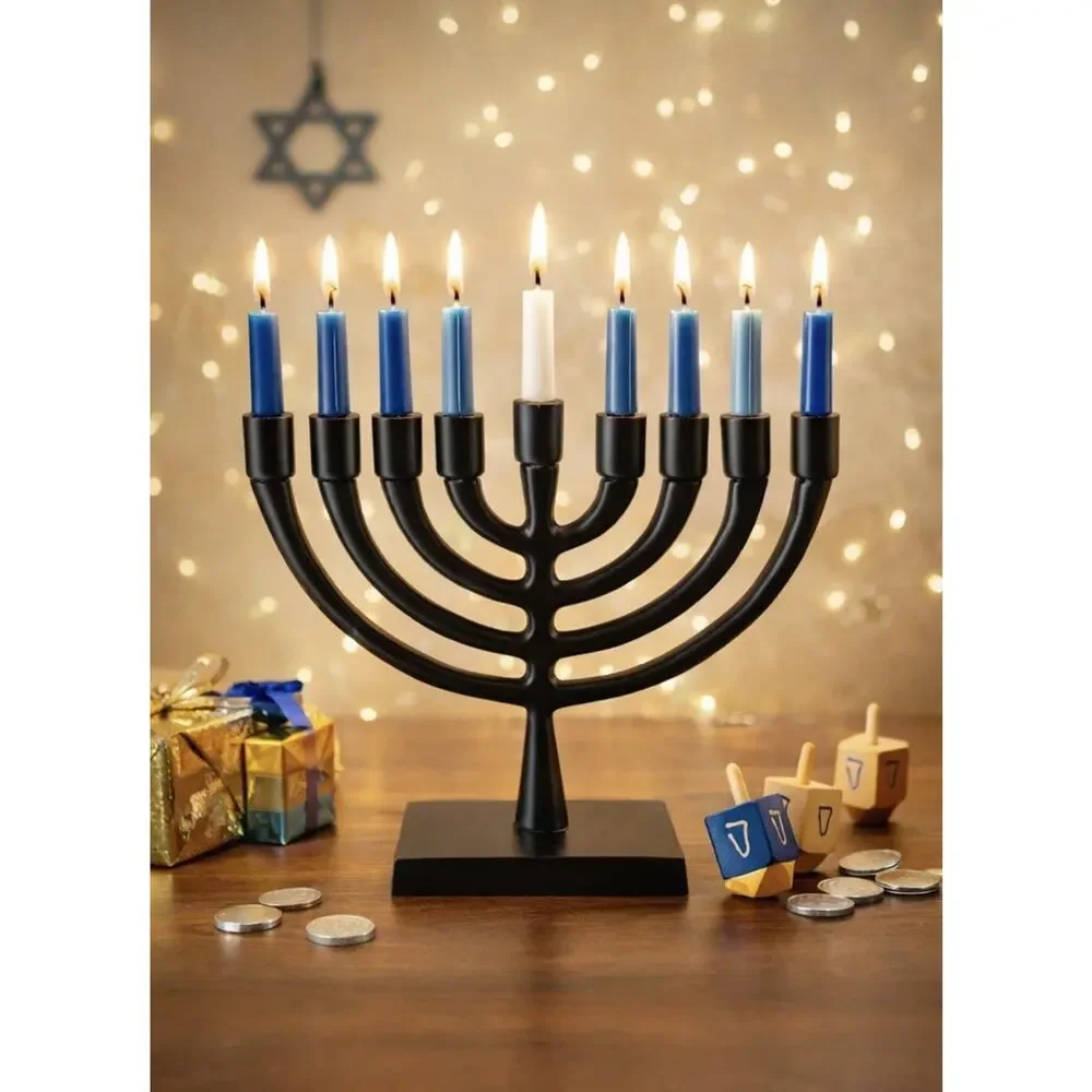Black Metal Menorah 9 Branch Candle Holder Modern Hanukkah Judaica 7” Wide - Picture 2 of 6